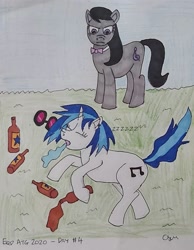 Size: 899x1156 | Tagged: safe, artist:rapidsnap, derpibooru import, dj pon-3, octavia melody, vinyl scratch, earth pony, pony, unicorn, beer bottle, drool, drunk, newcastle brown ale, passed out, sleeping, snoozing on floor, snoring, spilled drink, traditional art, unamused, unconscious