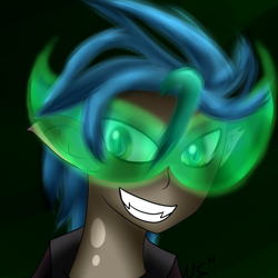 Size: 1500x1500 | Tagged: safe, artist:novaspark, oc, oc only, changeling, human, glowing eyes, grin, humanized, male, solo
