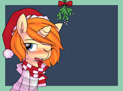 Size: 1262x933 | Tagged: dead source, safe, artist:whoop, oc, oc only, oc:whoop, blushing, femboy, hat, male, mistletoe, santa hat, snow, snowflake, solo, wingding eyes, wink