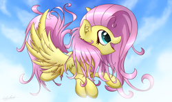 Size: 4200x2500 | Tagged: safe, artist:sentireaeris, derpibooru import, fluttershy, pegasus, pony, cloud, cute, female, flying, mare, open mouth, profile, shyabetes, sky, smiling, solo, spread wings, wings