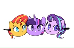 Size: 768x499 | Tagged: safe, artist:kagitsuki, starlight glimmer, sunset shimmer, twilight sparkle, pony, unicorn, dango, disembodied head, food, sunset shimmer dressing up as food, trio
