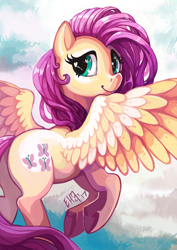 Size: 3508x4961 | Tagged: safe, artist:r0b0tassassin, derpibooru import, fluttershy, pegasus, pony, cute, female, flying, head turn, heart eyes, looking at you, looking back, mare, mid-flight, plot, shyabetes, sky, smiling, solo, spread wings, wingding eyes, wings