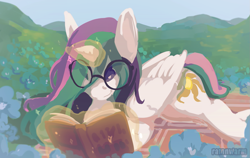 Size: 1365x861 | Tagged: safe, artist:rammn, derpibooru import, princess celestia, alicorn, pony, book, cute, cutelestia, female, flower, glasses, magic, mare, one eye closed, pixiv, prone, reading, solo, telekinesis