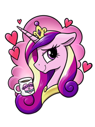 Size: 3000x4000 | Tagged: safe, artist:selenophile, derpibooru import, princess cadance, oc, alicorn, pony, bust, canon x oc, coffee, coffee mug, commission, female, floppy ears, heart, implied oc, lidded eyes, looking at you, mare, mug, shipping, simple background, solo, transparent background