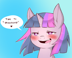 Size: 1196x970 | Tagged: safe, artist:cold-blooded-twilight, twilight sparkle, pony, alternate design, blushing, cute, cute little fangs, dialogue, drool, fangs, friendship, simple background, solo