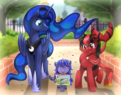 Size: 1535x1205 | Tagged: safe, artist:vavacung, princess luna, oc, oc:red pone, alicorn, hybrid, original species, pony, shark pony, alicorn oc, canon x oc, cute, female, filly, magical lesbian spawn, offspring, parent:princess luna, parents:canon x oc, red and black oc, smiling