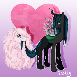 Size: 800x800 | Tagged: safe, artist:shokly, derpibooru import, queen chrysalis, oc, oc:fluffle puff, changeling, changeling queen, pony, biting, canon x oc, chrysipuff, female, heart background, lesbian, shipping, tail bite