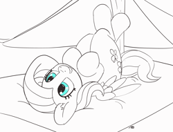 Size: 4480x3415 | Tagged: safe, artist:pabbley, derpibooru import, fluttershy, pegasus, pony, 30 minute art challenge, cute, female, hooves to the chest, lineart, mare, on back, partial color, shyabetes, smiling, solo, tent, wings