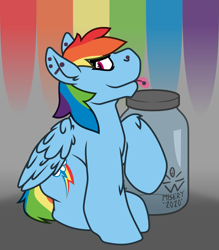 Size: 1991x2273 | Tagged: safe, artist:misery-beach, derpibooru import, rainbow dash, pegasus, pony, ear piercing, jar, nose piercing, piercing, rainbow, solo, tongue out, tongue piercing