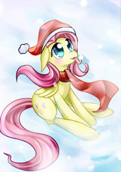 Size: 826x1168 | Tagged: safe, artist:roshichen, derpibooru import, fluttershy, pegasus, pony, catching snowflakes, christmas, clothes, cute, floppy ears, folded wings, hat, holiday, looking up, santa hat, scarf, shyabetes, sitting, snow, snowflake, solo, tongue out, wings, winter