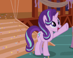 Size: 712x564 | Tagged: safe, screencap, starlight glimmer, unicorn, the maud couple, animated, balloon, confetti, cute, cutie mark, female, gif, glimmerbetes, happy, looking up, mare, open mouth, ribbon, smile and wave, smiling, solo, stairs, underhoof, waving