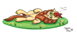 Size: 2367x1143 | Tagged: safe, artist:serenepony, derpibooru import, autumn blaze, kirin, dialogue, flower, grass, looking at you, lying down, on back, simple background, smiling, solo, tongue out, traditional art