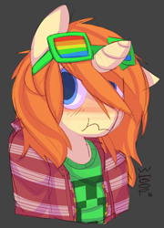 Size: 880x1220 | Tagged: safe, artist:whoop, oc, oc only, oc:whoop, blushing, clothes, creeper, cute, floppy ears, glasses, hoodie, minecraft, scrunchy face, solo