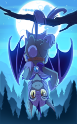 Size: 2500x4000 | Tagged: safe, artist:jedayskayvoker, artist:redchetgreen, bat pony, pony, collaboration, armor, female, forest, guard, hanging, helmet, looking at you, mare, mare in the moon, moon, night, night guard, solo, suspended, tail hold, tree, tree branch, upside down