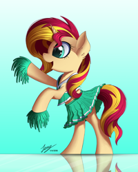 Size: 2000x2500 | Tagged: safe, artist:duskie-06, sunset shimmer, pony, unicorn, bipedal, cheerleader, cheerleader outfit, clothes, cute, female, mare, midriff, open mouth, pom pom, reflection, shimmerbetes, skirt, skirt lift, smiling, solo