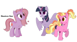 Size: 977x529 | Tagged: safe, artist:cinnam0chi, artist:selenaede, artist:thatonecrazyartist18, derpibooru import, luster dawn, mean twilight sparkle, oc, oc:neutron star, alicorn, pony, unicorn, base used, chest fluff, ear fluff, family, female, grin, magical lesbian spawn, mean lusterlight, mother and child, mother and daughter, offspring, open mouth, parent and child, parent:luster dawn, parent:mean twilight sparkle, parents:mean lusterlight, raised hoof, raised leg, simple background, smiling, transparent background