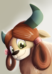 Size: 2480x3507 | Tagged: safe, artist:sea-maas, yona, yak, school daze, :3, beautiful, cute, daaaaaaaaaaaw, female, fluffy, gradient background, looking at you, looking down, monkey swings, simple background, smiling, solo, yonadorable