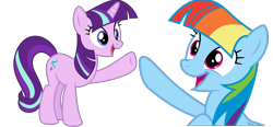 Size: 1294x600 | Tagged: safe, artist:dasprid, artist:melisareb, derpibooru import, edit, rainbow dash, starlight glimmer, pegasus, pony, unicorn, egghead dash, female, implied twilight sparkle, mane swap, manebow sparkle, mare, not twilight sparkle, open mouth, rainbow sparkle, raised hoof, simple background, smiling, starlight sparkle, transparent background, vector, vector edit