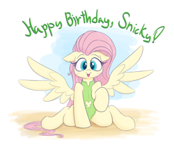 Size: 1800x1500 | Tagged: safe, artist:heir-of-rick, derpibooru import, fluttershy, pegasus, pony, :p, clothes, cute, female, happy birthday, mare, one-piece swimsuit, raised hoof, shyabetes, silly, solo, spread wings, swimsuit, text, tongue out, wings