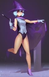 Size: 1146x1800 | Tagged: safe, artist:amskeey, trixie, human, boots, cape, clothes, cute, diatrixes, fishnets, gloves, grin, hat, high heel boots, humanized, leotard, magic wand, magician outfit, shoes, smiling, trixie's cape, trixie's hat