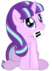 Size: 1100x1500 | Tagged: safe, artist:toyminator900, derpibooru exclusive, starlight glimmer, pony, unicorn, cute, equal cutie mark, equal sign, female, glimmerbetes, looking up, mare, mouth hold, paper, simple background, sitting, smiling, solo, transparent background, villains of equestria collab