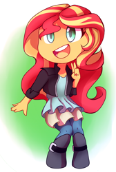 Size: 1200x1789 | Tagged: safe, artist:alphab33, sunset shimmer, human, equestria girls, abstract background, chibi, clothes, cute, female, no nose, open mouth, peace sign, shimmerbetes, solo