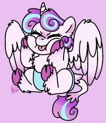 Size: 749x871 | Tagged: safe, artist:sandwichbuns, princess flurry heart, alicorn, classical unicorn, pony, unicorn, baby, baby pony, cloven hooves, cute, diaper, fluffy, flurrybetes, leonine tail, pink background, simple background, solo, squishy cheeks, tongue out, unshorn fetlocks