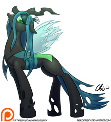 Size: 900x990 | Tagged: safe, artist:nekocrispy, queen chrysalis, changeling, changeling queen, fangs, female, floppy ears, open mouth, patreon, patreon logo, simple background, slit eyes, solo, white background
