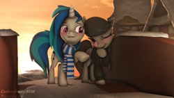 Size: 3840x2160 | Tagged: safe, artist:cottonponysfm, artist:tiz4905, derpibooru exclusive, dj pon-3, octavia melody, vinyl scratch, earth pony, pony, unicorn, 3d, 4k, blushing, clothes, cute, female, hoodie, lesbian, mare, one eye closed, raised hoof, scarf, scratchtavia, shipping, smiling, snow, source filmmaker, sunrise, tavibetes, vinylbetes, wink