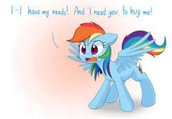 Size: 1197x834 | Tagged: safe, artist:adequality, artist:mcsadat, derpibooru import, edit, editor:anonymous, rainbow dash, pegasus, pony, bronybait, cute, dashabetes, demands, dialogue, female, floppy ears, frown, gradient background, hug, hug request, mare, needy, open mouth, pointless edit, rainbow dash presents, solo, spread wings, wide eyes, wings