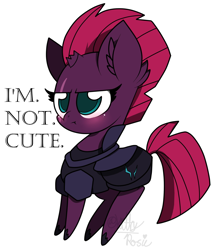 Size: 1758x2048 | Tagged: safe, artist:kittyrosie, tempest shadow, pony, unicorn, my little pony: the movie, armor, blatant lies, blushing, broken horn, chibi, cute, ear fluff, eye scar, female, i'm not cute, looking at you, mare, punctuated for emphasis, scar, simple background, tempestbetes, tsundere, white background