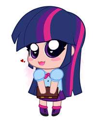 Size: 1727x2048 | Tagged: safe, artist:kittyrosie, twilight sparkle, twilight sparkle (alicorn), alicorn, equestria girls, :3, blush sticker, blushing, book, bowtie, chibi, clothes, cute, heart, heart eyes, human coloration, leg warmers, looking at you, open mouth, shirt, shoes, simple background, skirt, twiabetes, white background, wingding eyes
