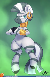 Size: 825x1275 | Tagged: safe, artist:nekocrispy, zecora, zebra, bipedal, gradient background, hooves together, patreon, patreon logo, simple background, solo