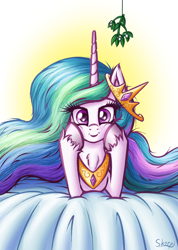 Size: 1032x1451 | Tagged: safe, artist:skorpionletun, princess celestia, alicorn, pony, :i, bed, chest fluff, crown, cute, cutelestia, ear fluff, ethereal mane, ethereal tail, female, flowing mane, flowing tail, gradient background, hair, hooves on cheeks, horn, jewelry, leaning, looking at you, mare, messy mane, mistletoe, multicolored mane, multicolored tail, necklace, peytral, praise the sun, prone, purple eyes, regalia, royalty, smiling, solo, squishy cheeks, unshorn fetlocks