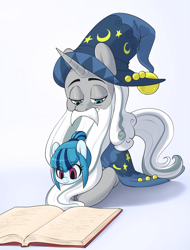 Size: 1365x1792 | Tagged: safe, artist:skecchiart, sonata dusk, star swirl the bearded, pony, book, cute, daddy star swirl, duo, eye clipping through hair, female, filly, hat, hnnng, prone, reading, smiling, sonatabetes, wizard hat