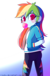 Size: 800x1221 | Tagged: safe, artist:riouku, rainbow dash, better together, equestria girls, ass, blowing bubbles, bubblegum, clothes, food, gum, hand in pocket, hoodie, looking at you, looking back, pants, rainbutt dash, turning