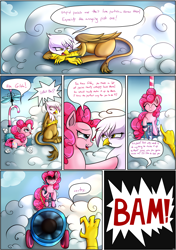 Size: 2894x4107 | Tagged: safe, artist:novaspark, gilda, pinkie pie, earth pony, griffon, pony, comic:pinkie's plot plan, absurd resolution, comic, flying contraption, party cannon, pinkie being pinkie