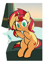 Size: 700x950 | Tagged: safe, artist:rvceric, sunset shimmer, pony, unicorn, bed, female, horn, mare, nervous, pillow, sitting, solo, surprised, sweat, wide eyes