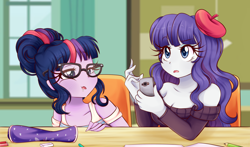Size: 1700x1000 | Tagged: safe, artist:lucy-tan, rarity, sci-twi, twilight sparkle, equestria girls, bare shoulders, beatnik rarity, beret, classroom, clothes, cute, drool, duo, eraser, female, glasses, hat, open mouth, paper, phone, raribetes, sitting, smartphone, surprised, sweater, twiabetes