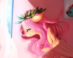 Size: 2500x2000 | Tagged: dead source, safe, artist:miokomata, derpibooru import, fluttershy, pegasus, pony, bust, cute, floppy ears, fluffy, folded wings, freckles, looking at you, looking sideways, profile, shyabetes, sitting, smiling, solo, window, wings, wreath