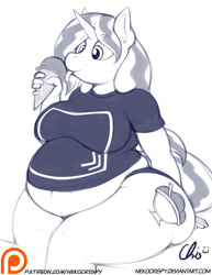 Size: 892x1155 | Tagged: safe, artist:nekocrispy, oc, oc only, oc:hot fudge, anthro, unicorn, bbw, belly, belly button, fat, food, ice cream, monochrome, obese, patreon, patreon logo, solo