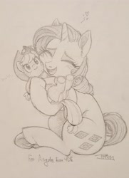 Size: 2864x3960 | Tagged: safe, artist:prismspark, derpibooru import, applejack, rarity, earth pony, pony, unicorn, cheek squish, cute, female, help, implied lesbian, implied rarijack, implied shipping, jackabetes, monochrome, pencil drawing, plushie, raribetes, squishy cheeks, traditional art