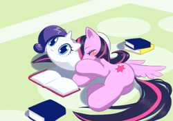 Size: 1419x1000 | Tagged: safe, artist:unousaya, derpibooru import, rarity, twilight sparkle, twilight sparkle (alicorn), alicorn, pony, blushing, body pillow, bolster pillow, book, cute, eyes closed, female, implied lesbian, implied rarilight, implied shipping, lesbian, mare, on side, pillow, plushie, raribetes, rarilight, rarity is a marshmallow, shipping, sleeping, smiling, solo, spread wings, that pony sure does love books, twiabetes, wat, wings