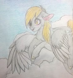 Size: 1024x1087 | Tagged: safe, artist:evergreen-gemdust, derpy hooves, pegasus, pony, cloud, floppy ears, solo, traditional art