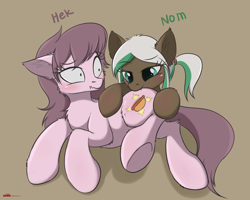 Size: 2790x2227 | Tagged: safe, artist:orang111, oc, oc only, oc:hot dogger, oc:lynn, pony, biting, blushing, butt bite, cute, duo, female, heck, mare, nom, ocbetes, simple background, surprised