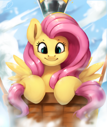 Size: 1600x1900 | Tagged: safe, artist:moondreamer16, derpibooru import, fluttershy, pegasus, pony, bust, cloud, cute, female, happy, hot air balloon, looking at you, looking down, mare, shyabetes, sky, smiling, solo, spread wings, wings