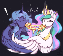 Size: 3921x3495 | Tagged: safe, artist:argigen, derpibooru import, princess celestia, princess luna, alicorn, pony, angry, black background, chest fluff, crown, curved horn, duo, eyes closed, female, fight, food, horn, jewelry, mare, meat, pepperoni, pepperoni pizza, peytral, pizza, rcf community, regalia, royal sisters, s1 luna, siblings, simple background, sisters