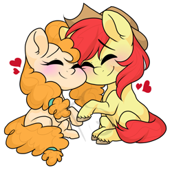 Size: 2779x2749 | Tagged: safe, artist:twisted-sketch, bright mac, pear butter, earth pony, pony, the perfect pear, applejack's parents, blushing, brightbutter, chibi, cowboy hat, cute, eyes closed, female, hat, heart, male, mare, shipping, simple background, smiling, stallion, stetson, straight, watermark, white background