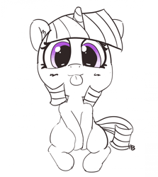 Size: 1280x1438 | Tagged: safe, artist:pabbley, twilight sparkle, pony, unicorn, 30 minute art challenge, :p, cute, ear fluff, female, filly, filly twilight sparkle, looking at you, partial color, silly, sitting, smiling, solo, tongue out, twiabetes, younger