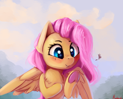 Size: 2500x2000 | Tagged: safe, artist:miokomata, derpibooru import, fluttershy, pegasus, pony, blushing, bust, chest fluff, cute, female, freckles, frog (hoof), hi, mare, raised hoof, shyabetes, smiling, solo, underhoof, wings